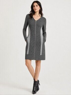 Theory Zip Front Knit Dress | Gray & Black Bodycon Sweater Dress | Size 10